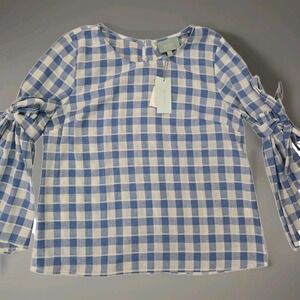Skies Are Blue Blouse Womens M Blue White Plaid Bell Sleeve Peasant Shirt TopNWT